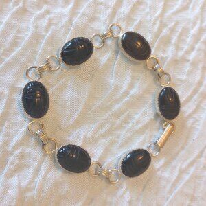 Sterling Silver 925 Carved Black Onyx Scarab Link Bracelet 7 inches